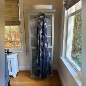 Betsy & Adam Navy and Metallic Flower Halter Gown